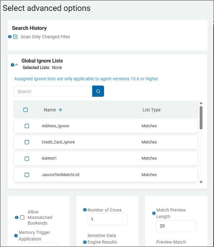 Example - Global Ignore Lists available when creating a new Sensitive Data Scan
