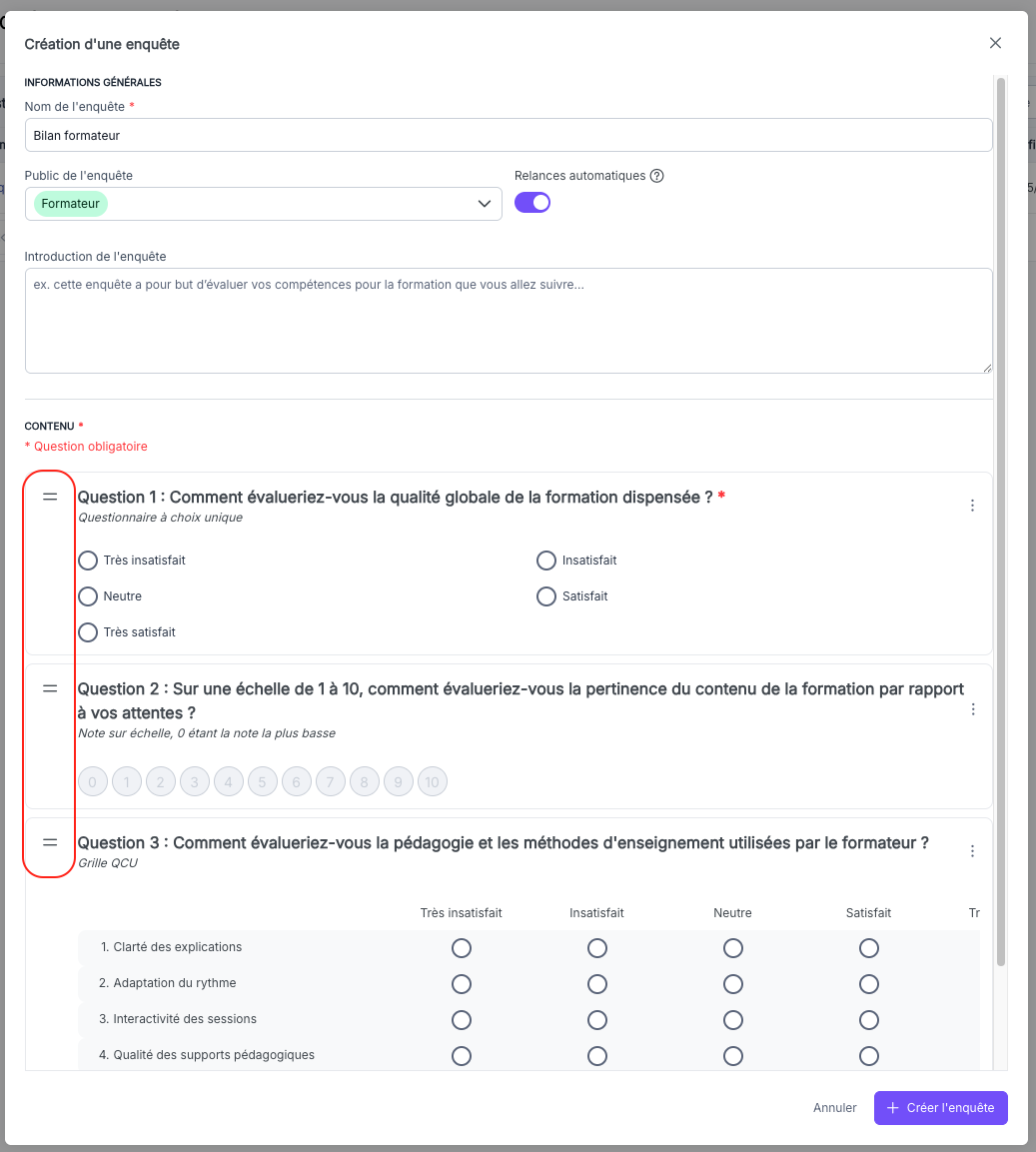 {À CAPTURER} — Vue de l'enquête avec questions réorganisables