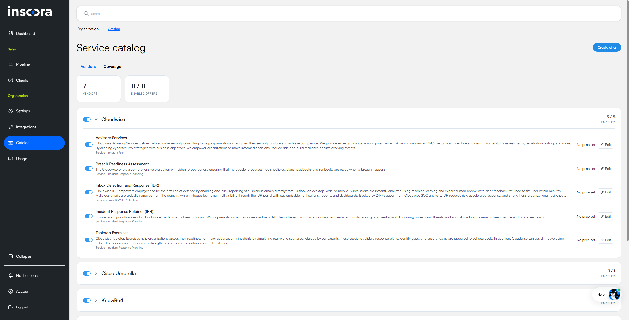 The service catalog's first tab. A status panel at the top shows totals for vendors and enabled offers. Below, a blue Create offer button on the top-right. One vendor is expanded showing several offers as rows, each with its own toggle, type and category label, price status, and an Edit pencil. Other vendors are visible as collapsed rows below.