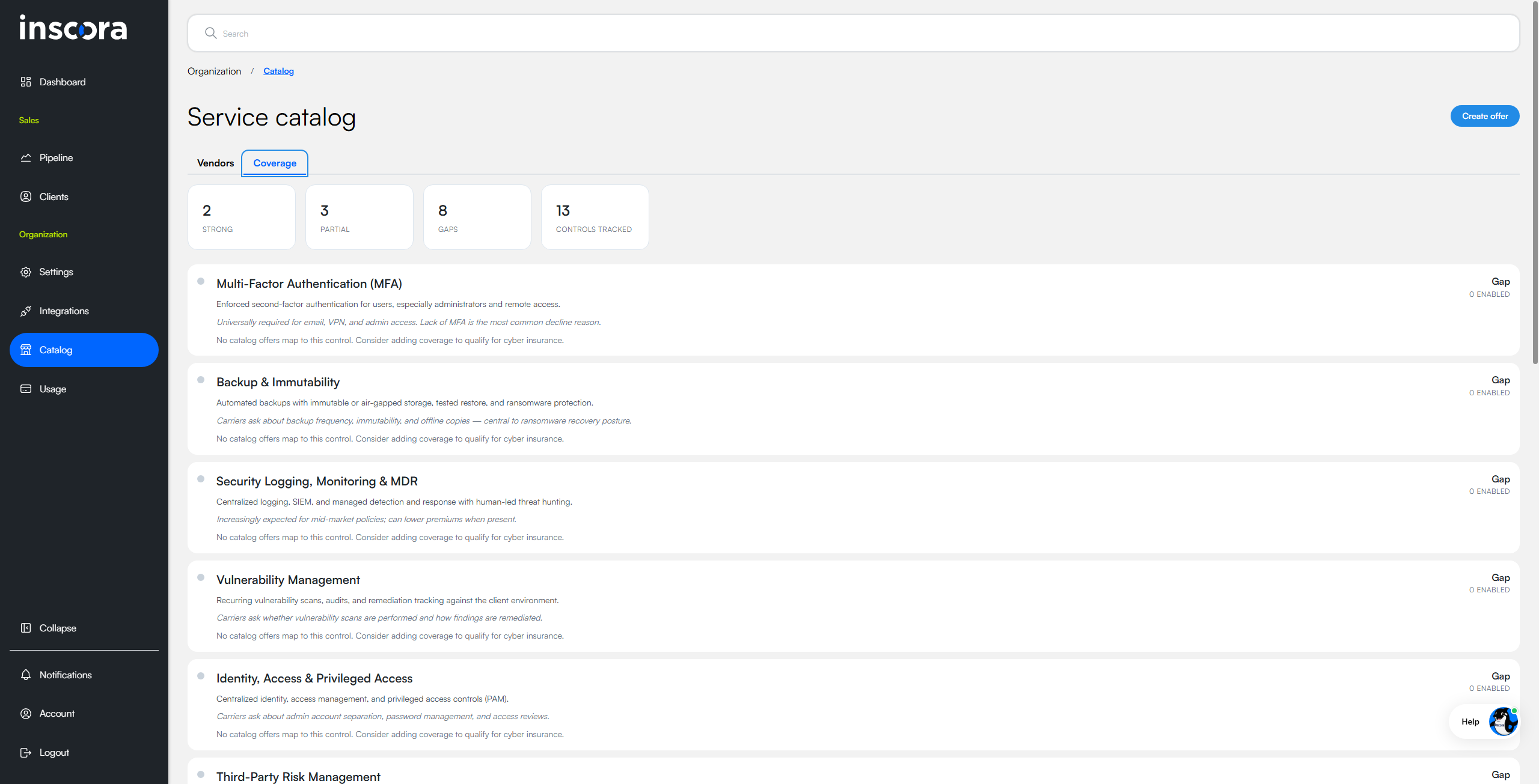Service catalog Coverage tab. A status panel at the top shows STRONG, PARTIAL, GAPS, and total CONTROLS TRACKED counts. Below, a list of control cards: each card has a status dot on the left, the control name, a short description, an italic underwriter-context line, a footer message, and a status badge in the top-right with an enabled count.