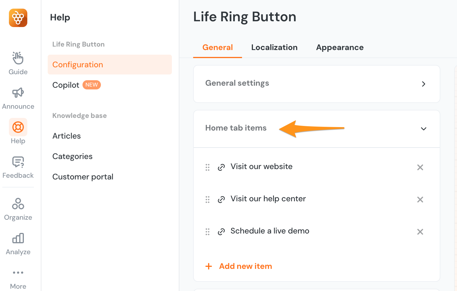 the Life Ring Configuration page pointing to the Home Tab Items dropdown