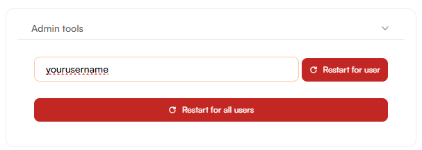 A screenshot of the Admin Tools section of a tour showing how to reset a tour by username