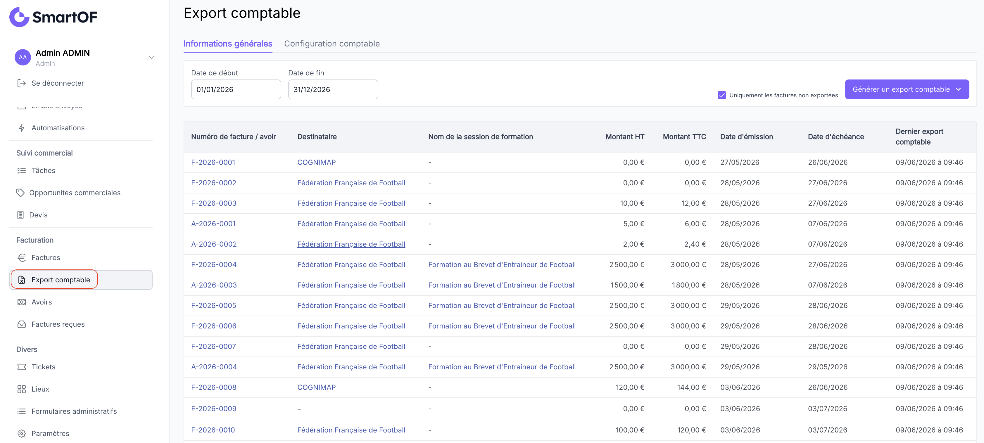 Page Export comptable avec les onglets Informations générales et Configuration comptable