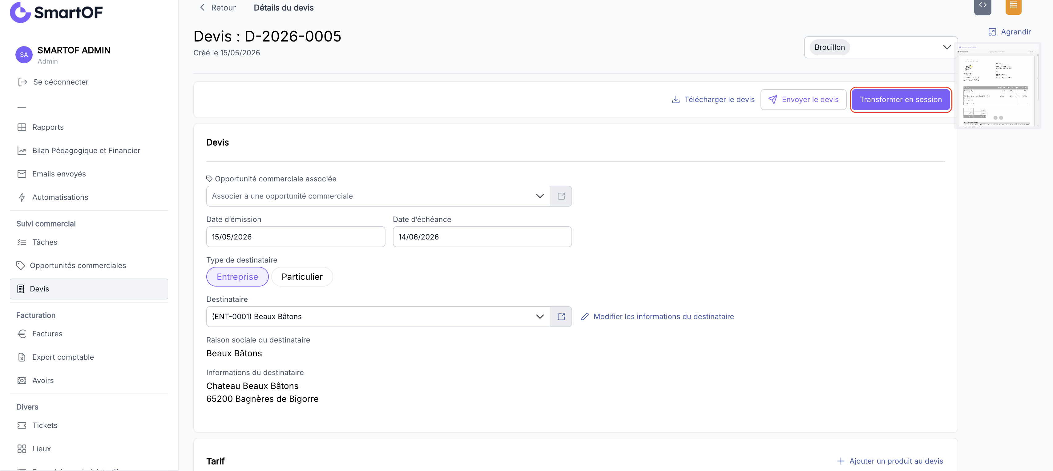 Fiche du devis avec le bouton Transformer en session
