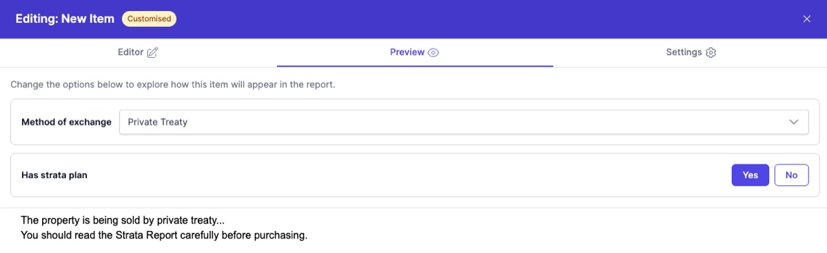 Preview showing Private Treaty selected with Has Strata Plan set to Yes