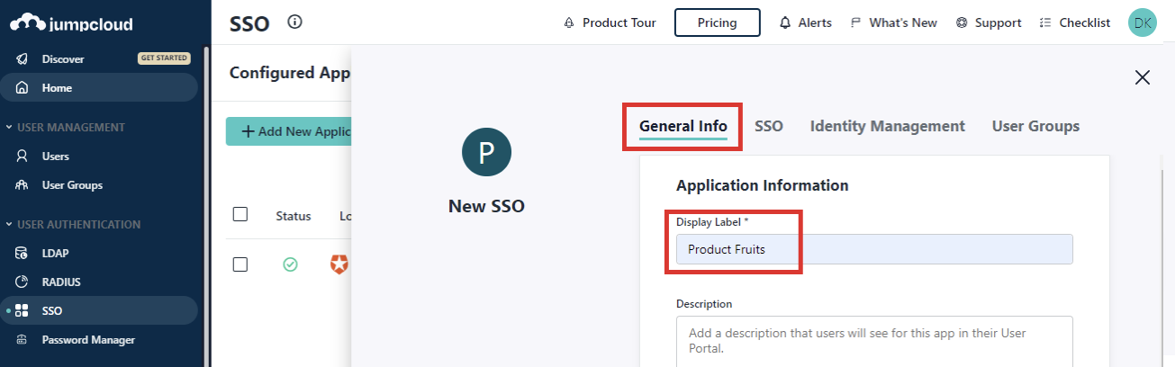 The JumpCloud platform  New SSO screen highlighting General Info and Display Label