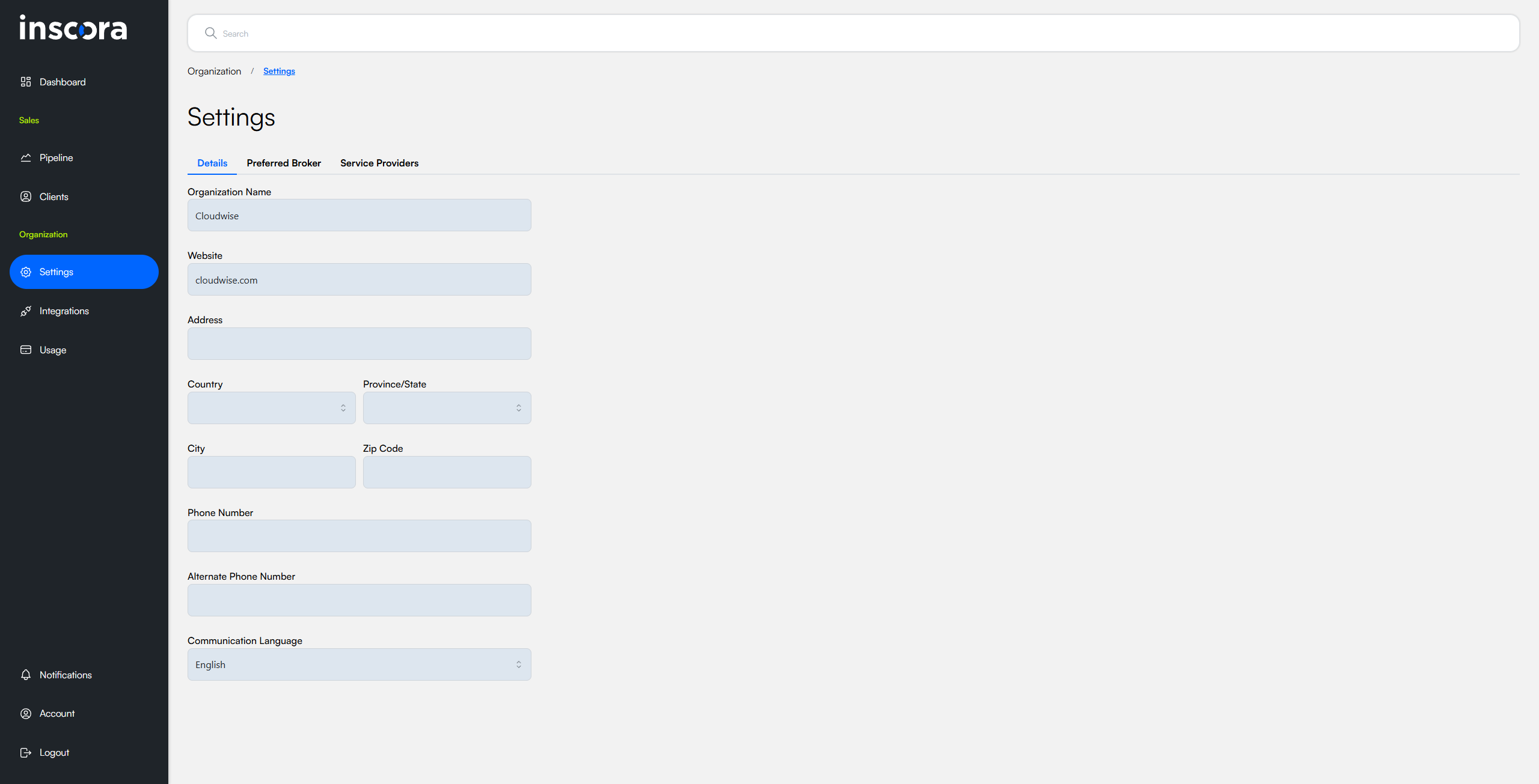 Organization Settings Details tab showing form fields for organization name, website, address, country, phone number, and communication language.