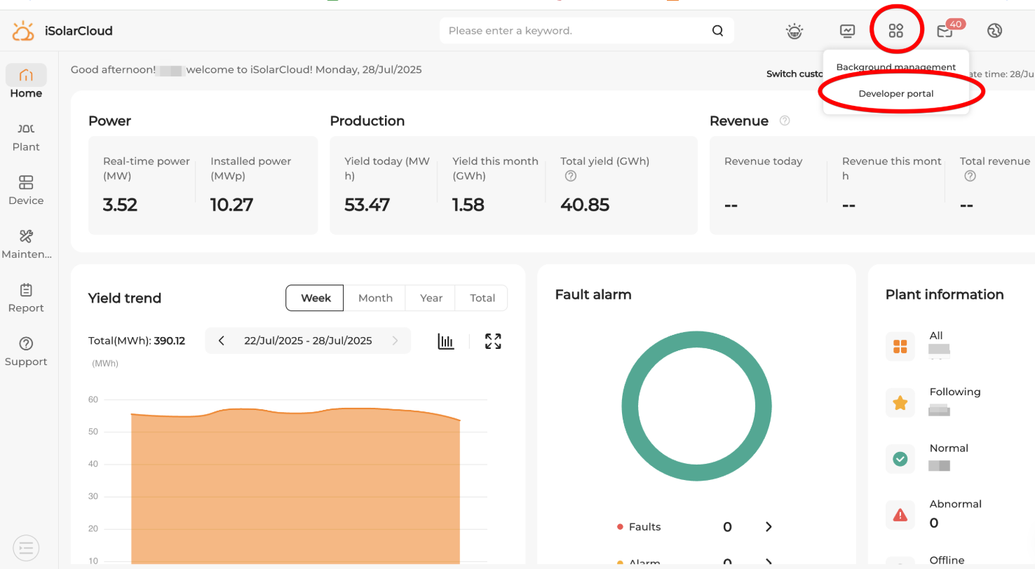iSolarCloud home page with the apps menu open on Developer portal