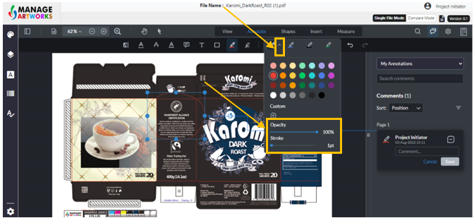 Change the opacity and stroke of the annotation on your packaging artwork