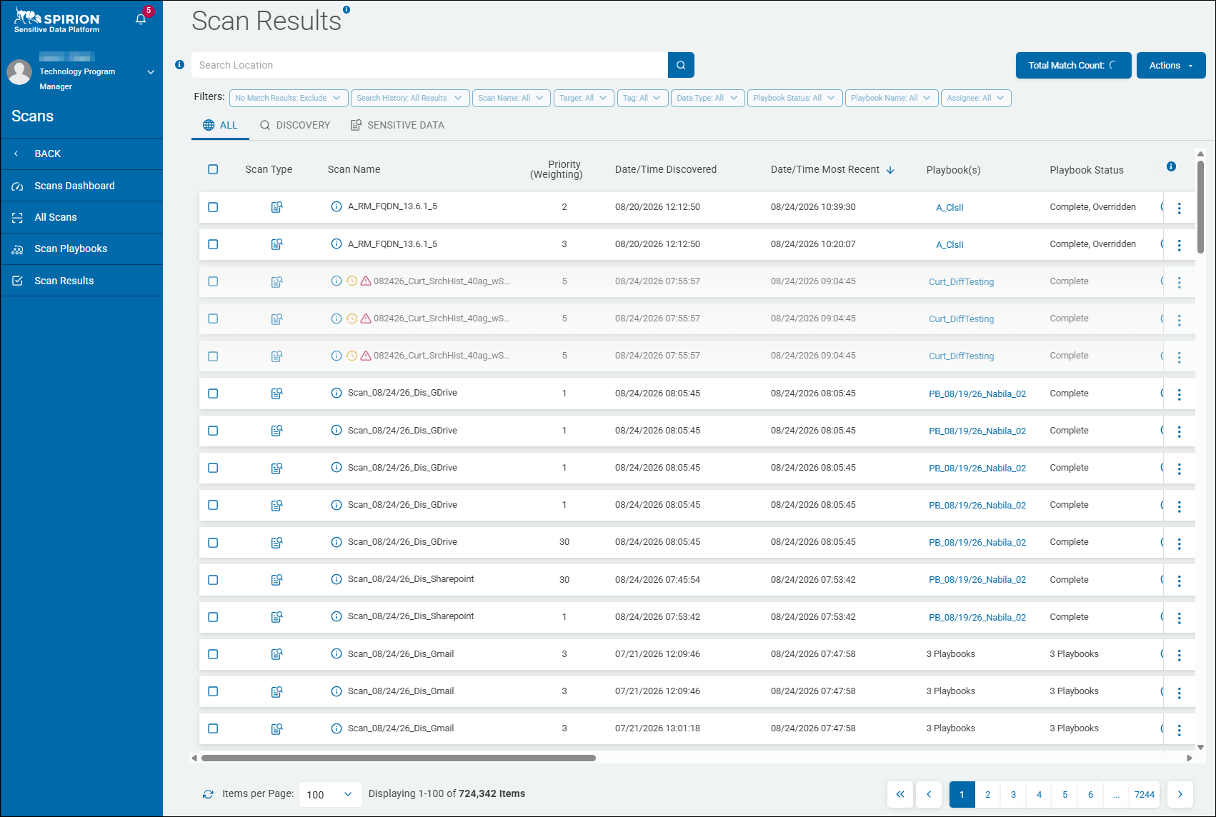 Example Scan Results page with populated table, ALL tab