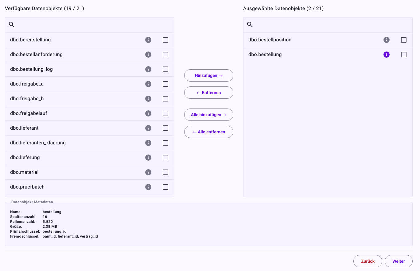 Der Schritt Objekte selektieren: links Verfügbare Datenobjekte, rechts Ausgewählte Datenobjekte mit dbo.bestellposition und dbo.bestellung, dazwischen die Schaltflächen Hinzufügen, Entfernen, Alle hinzufügen und Alle entfernen, darunter die Metadaten von dbo.bestellung: 16 Spalten, 5.520 Zeilen, 2,38 MB, Primärschlüssel bestellung_id, Fremdschlüssel banf_id, lieferant_id, vertrag_id