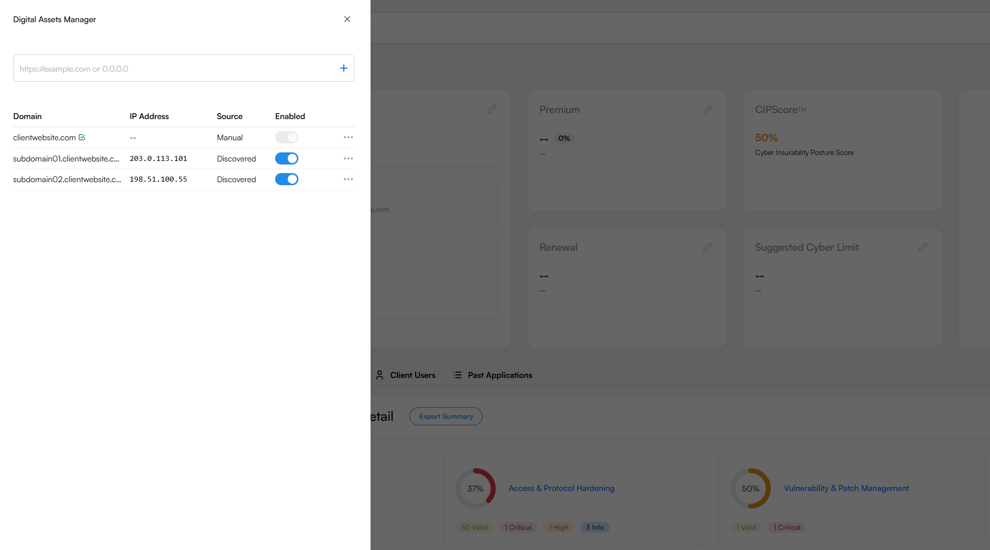 Digital Asset Manager panel showing a table of domains and IP addresses with Source and Enabled columns.
