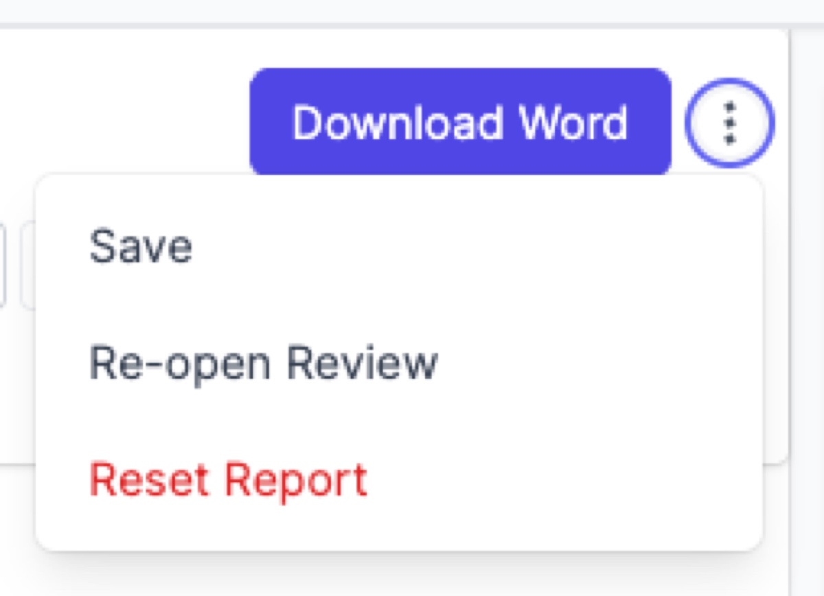 Overflow menu showing Save, Re-open Review, and Reset Report options