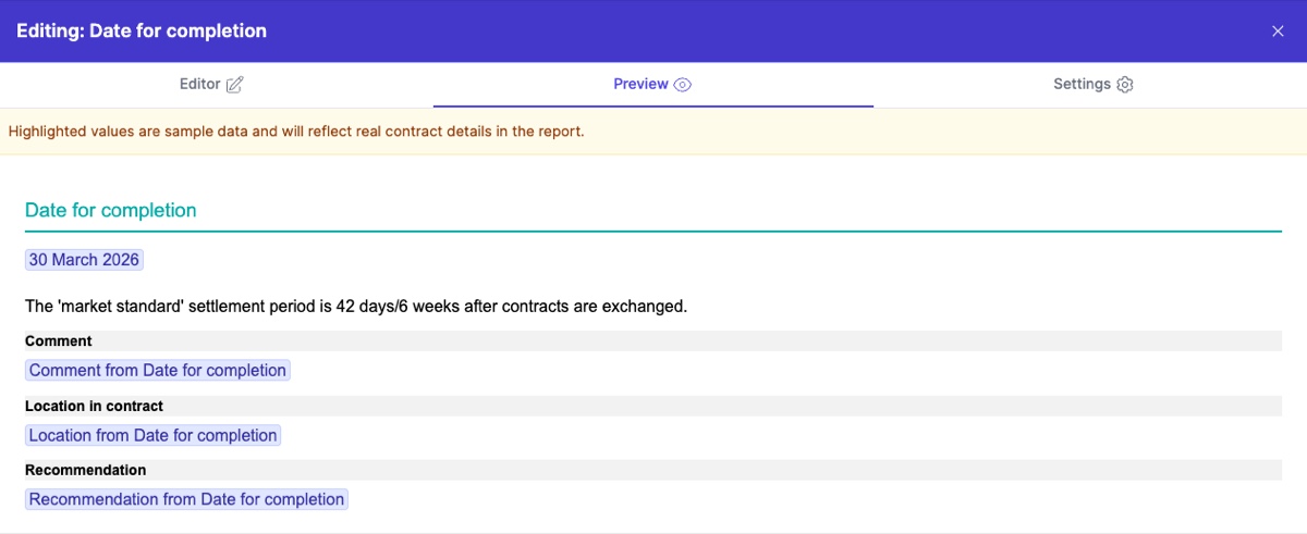 Item Editor Preview tab showing rendered content with sample data and metadata